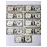 9 ONE DOLLAR SILVER CERTIFICATES ALL 1957
