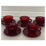 5 RUBY RED CUPS & SAUCERS