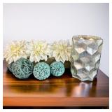 Glass Vase w/ Faux Flowers & Decorative Orbs