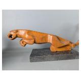 Hand Carved Wood Leaping Jaguar on Natural Stone