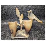 Carved Bovine Horn Art Bird Vases w/Bird