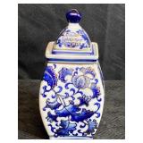 VINTAGE ASIAN SQUARE GINGER JAR BLUE & GOLD