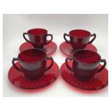 4 RUBY RED CUPS & SAUCERS