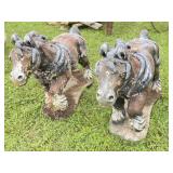 PAIR CONCRETE HORSES CLYDESDALES READY TO PULL A