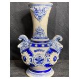 VINTAGE BLUE STONEWARE VASE W/ RAMS HEADS
