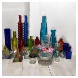 Lot of Colored Glass Vases w/ Miscellaneous