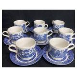 8 BLUE WILLOW CUPS & SAUCERS MADE IN ENGLAND