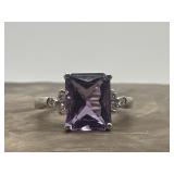 10K White Gold Amethyst & Diamonds Ring 3g