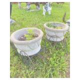 PAIR CONCRETE PLANTER ON WIRE WAGONS