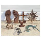 GROUP OF METAL ART W/ CAST IRON CHICKEN