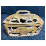 AFRICAN WOOD HAND CARVED ANIMAL BASKET W/ LID