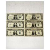 6 ONE DOLLAR SILVER CERTIFICATES ALL SERIES 1957A