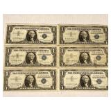 6 ONE DOLLAR SILVER CERTIFICATES ALL SERIES 1957A