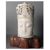 Chinese Carved Ivory Bust Vessel on Carved Wood