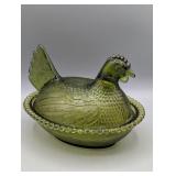 INDIANA GLASS HEN ON NEST OLIVE GREEN