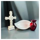 Cordon Bleu Dish w/ Cross & Red Glass Vase