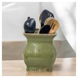 Green Ceramic Container w/ Kitchen Utensils