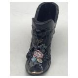 LEFTON BLACK GLASS BOOT W/ HAND PAINTED FLOWERS