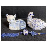 BLUE & WHITE PORCELAIN CAT & DOVE TRINKET BOXES