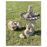 CONCRETE ITEMS W/ DAMAGE TRIPLE SEAHORSE BIRDBATH