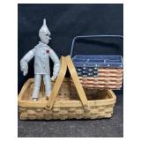 2 WICKER BASKETS W/ TIN MAN DOLL