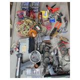 BOX LOT AUTOMOTIVE TOOLS, LIGHTS, WIRING, GAUGES