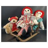 Raggedy Ann & Andy Dolls w/ Wooden Sled + Giorgio