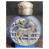 FROSTED BLUE GLASS PERFUME BOTTLE W/ HORSE IN