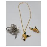 Necklace & 2 Brooches Hummingbird & Flower