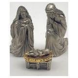 MINIATURE PEWTER NATIVITY SET MARY, JOESPH & BABY