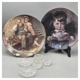 CRYSTAL SALTS & 2 ARTISAN PLATES NORMAN ROCKWELL