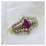 SZ. 6.5, 10K YELLOW GOLD RUBY STONE WITH DIAMOND