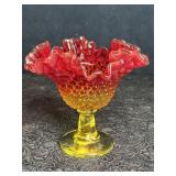 FENTON AMBERINA HOBNAIL GLASS RUFFLED COMPOTE