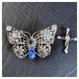 Sterling Cross w/ Big Czech Butterfly Brooch