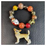 Signed Dog Brooch w/ Glass Owl Stretch Bracelet