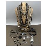 Silver Tone, Black & Rhinestones Costume Jewelry