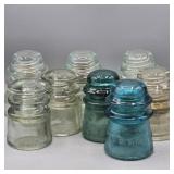 2 BLUE GLASS 6 CLEAR GLASS ANTIQUE INSOLATORS