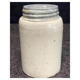 ANTIQUE CROCK PINT JAR W/ ZINC LID STONEWARE