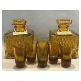 Vintage Amber Liquor Decanters & 6 Shot Glasses,