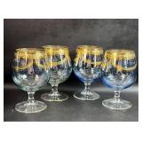 4 Baby Blue Brandy Glasses w/ Gold Trim