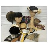 Vintage Ladies Lot Hats , Fans & Hand Mirrors ,