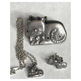 MINIATURE PEWTER KITTY CAT JEWELRY/TRINKET BOX W/