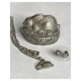 MINIATURE PEWTER BUNNY RABBIT JEWELRY/TRINKET BOX
