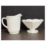 MILK GLASS HOBNAILED PITCHER & GRAPE VINE COMPOTE