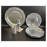 Pewter Platter & 4 Plates + Candlestick & Cup