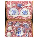 MINIATURE PORCELAIN PICNIC TEA SET IN WICKER