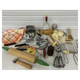 Vintage Kitchen Utensils Rolling Pin, Spoons,