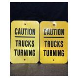 2 CAUTION TRUCKS TURNING METAL TRAFFIC SIGNS ONE