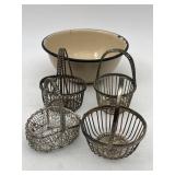 4 MINIATURE WIRE BASKETS W/ SMALLER ENAMELWARE