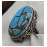 Large Turquoise & Silver Ring w/ Gold Fleck Veins
